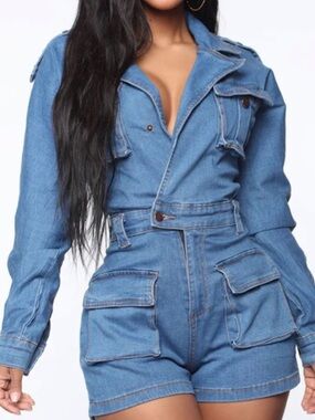 Cargo Denim Romper - Blue